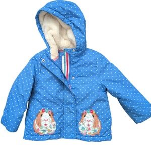 Mini Boden Kids Blue Polka Dot Guinea Pig Applique Hooded Puffer Jacket 2-3Y 98c